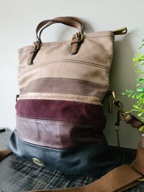 Fossil Vintage Leather & Suede Large Explorer Fold Over Tote Crossbody Bag